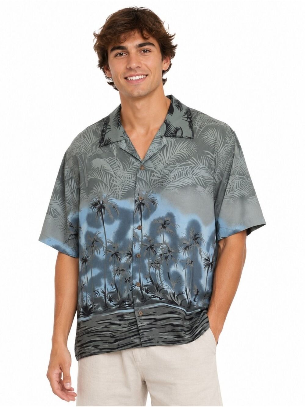 ALOHA Joe Hawaiian Palm Print Button Up Short Sleeve Gray Multi Shirt Size XL